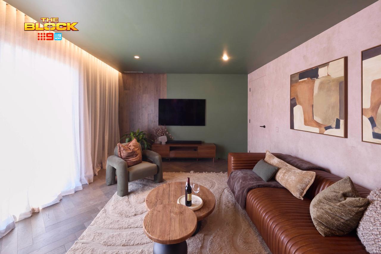 the block 2025 emma and ben rumpus with bown leather sofa green ceiling