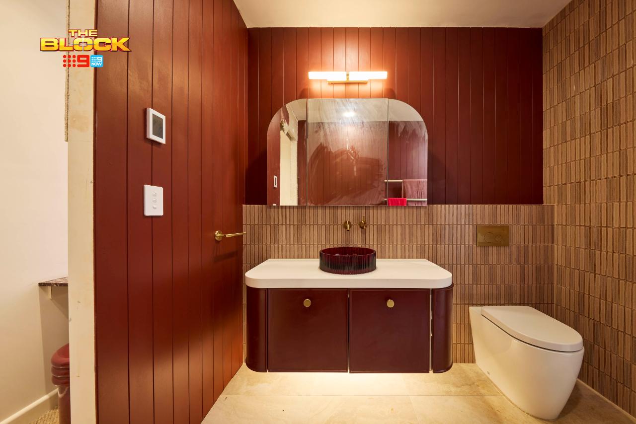 the block 2025 han and can guest bathroom red vj panelling