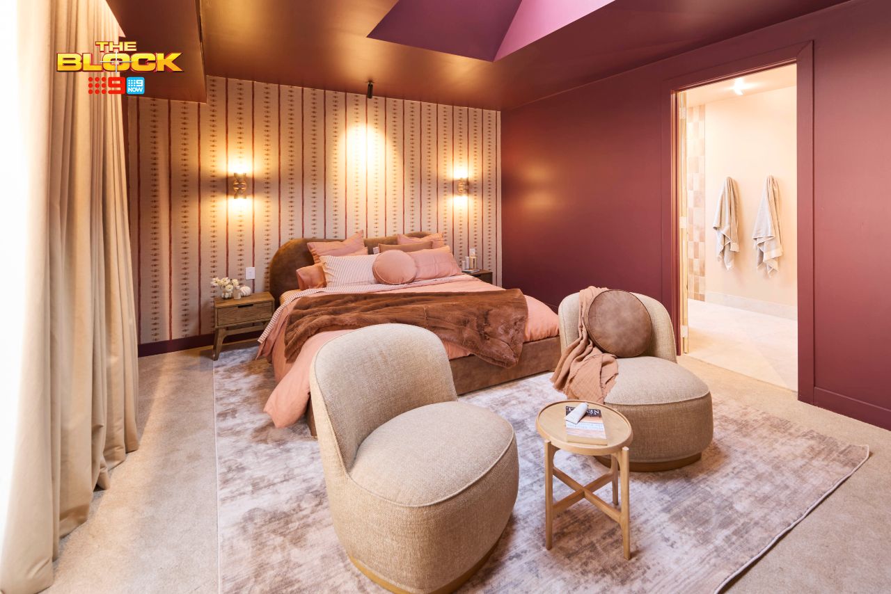 the block 2025 sonny and alicia guest bedroom burgundy walls and ceiling