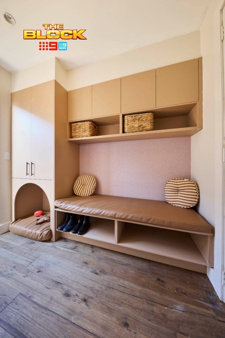 the block 2025 sonny and alicia mudroom with dog bed