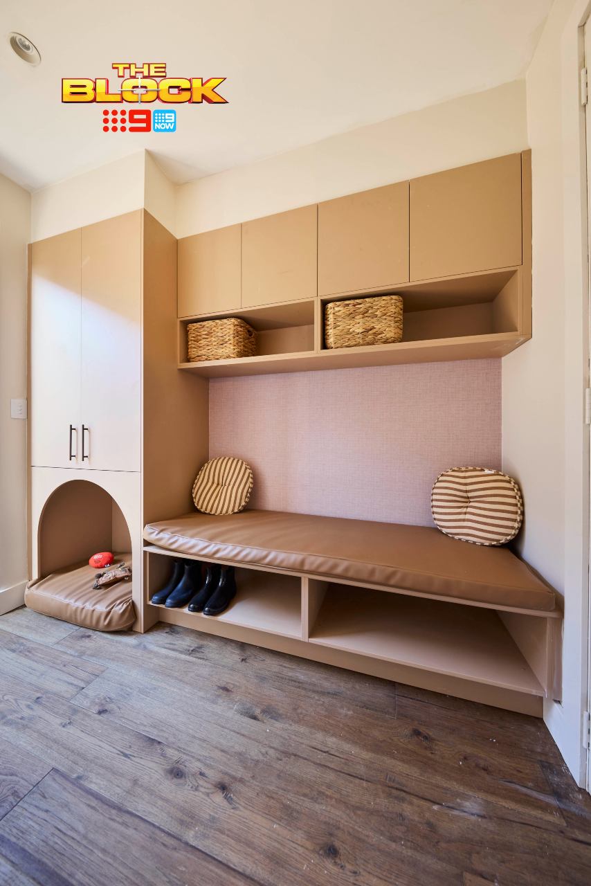 the block 2025 sonny and alicia mudroom with dog bed