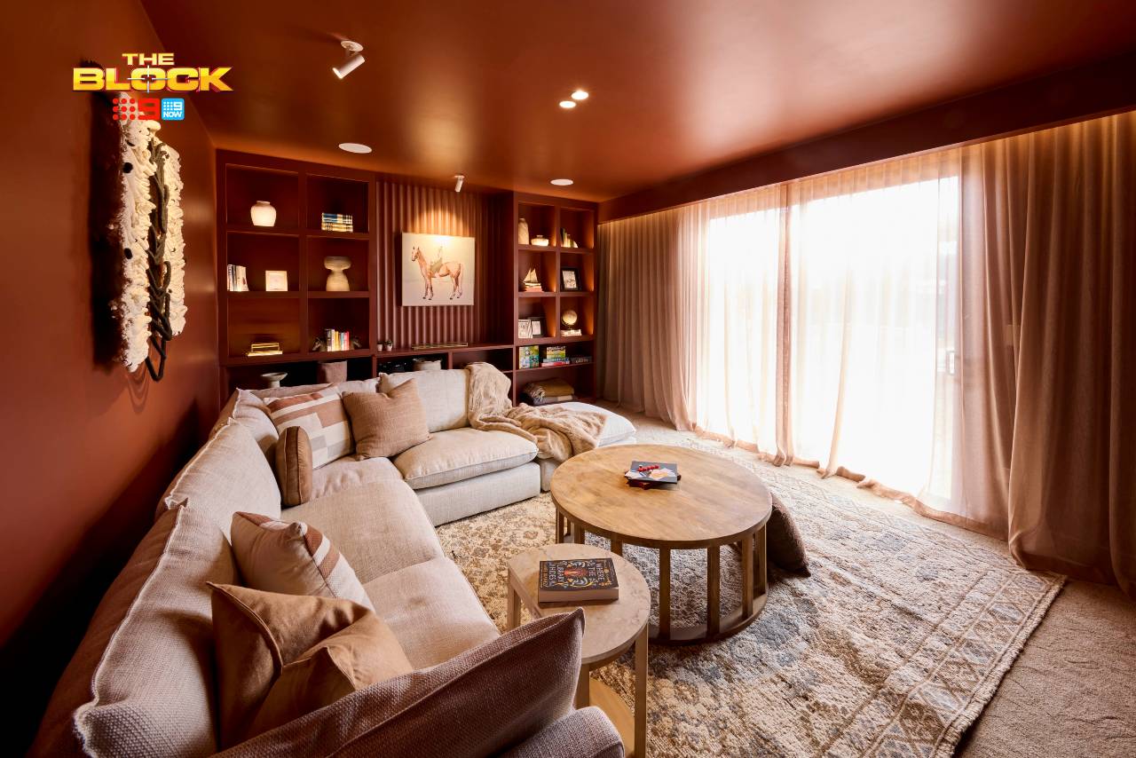 the block 2025 sonny and alicia rumpus room burgundy colour interior