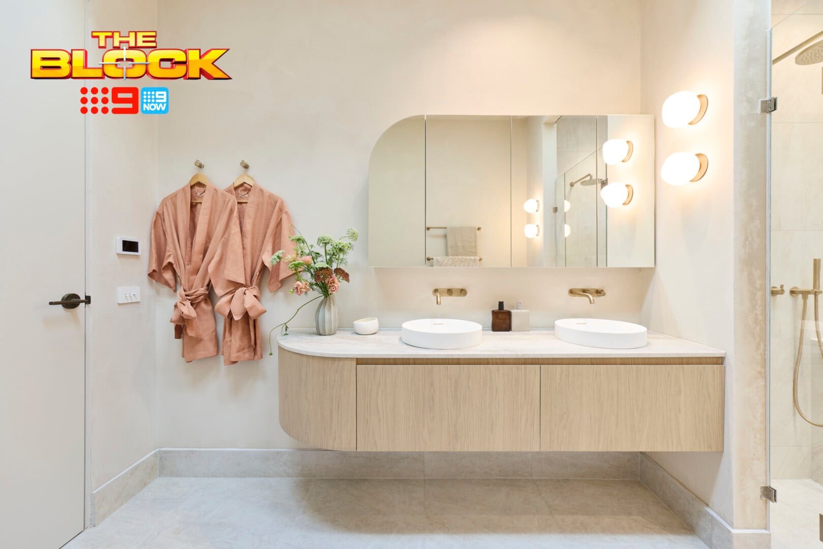 the block 2026 courtney and sev main ensuite floating vanity with curved edge