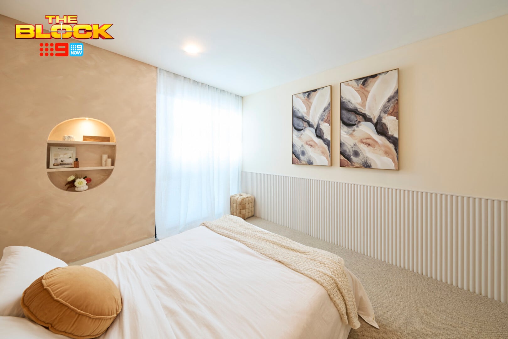 The Block 2026 Guest Bedrooms Reveal: Bland Beginnings for Week One 9 the block 2026 lisa and rosco guest bedroom with half height scalloped wall panelling