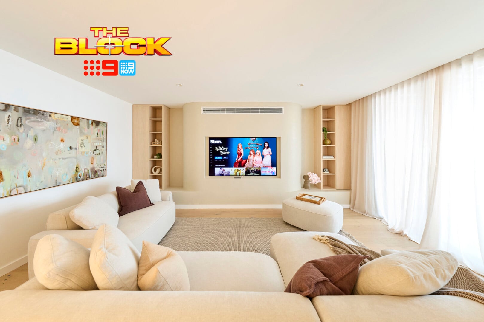 The Block 2026 Rumpus and Laundry Reveals: Sofa Shortages and Appliance Mishaps 18 the block 2026 chantel and wyatt rumpus tv wall