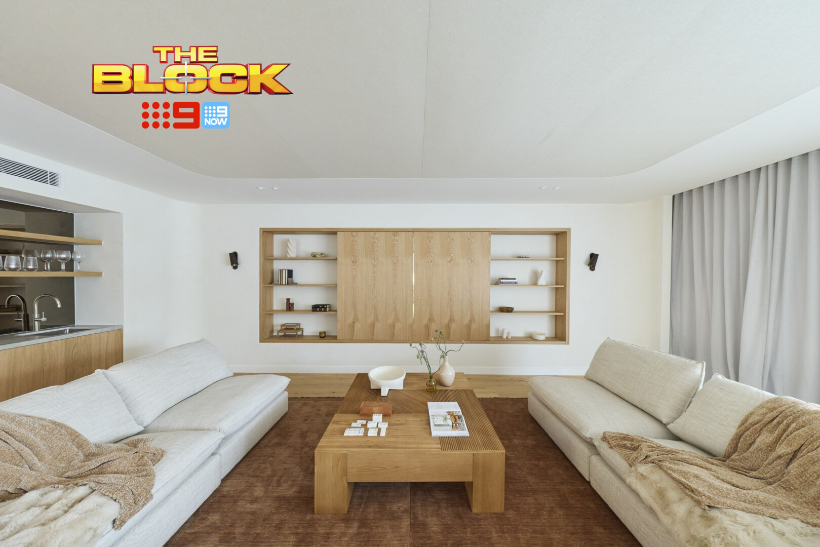 The Block 2026 Rumpus and Laundry Reveals: Sofa Shortages and Appliance Mishaps 2 the block 2026 courtney and sev rumpus room concealed tv cabinet