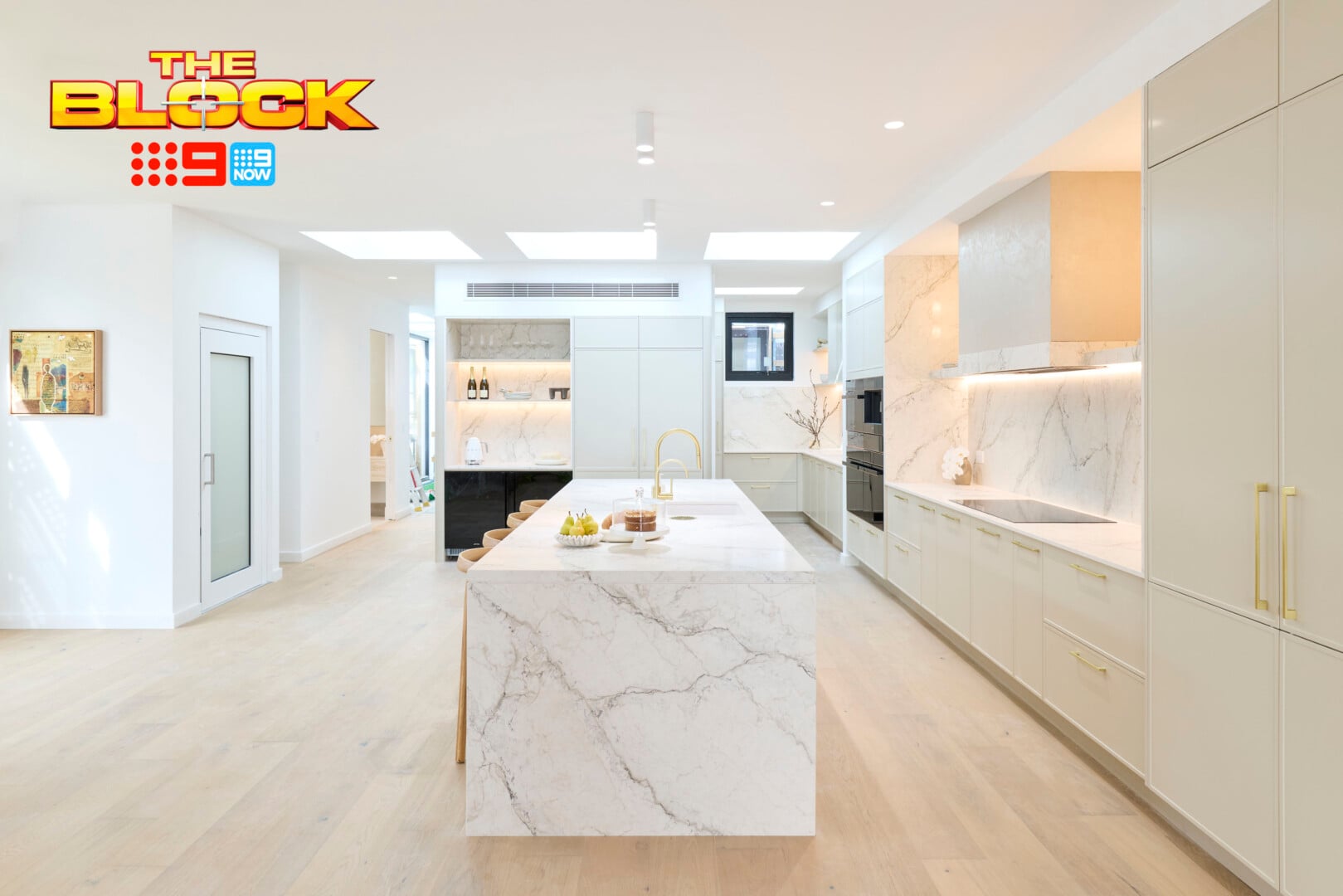 The Block 2026 Kitchens Reveal: Design Wins, Sins and All Those Wine Fridges 20 the block 2026 kitchens chantel and wyatt stone island bench