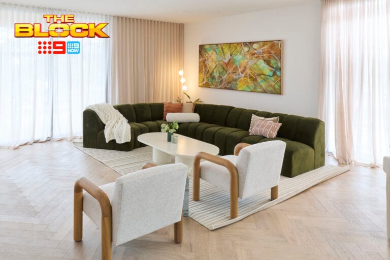 the block 2026 rick and tayla living room white armchairs