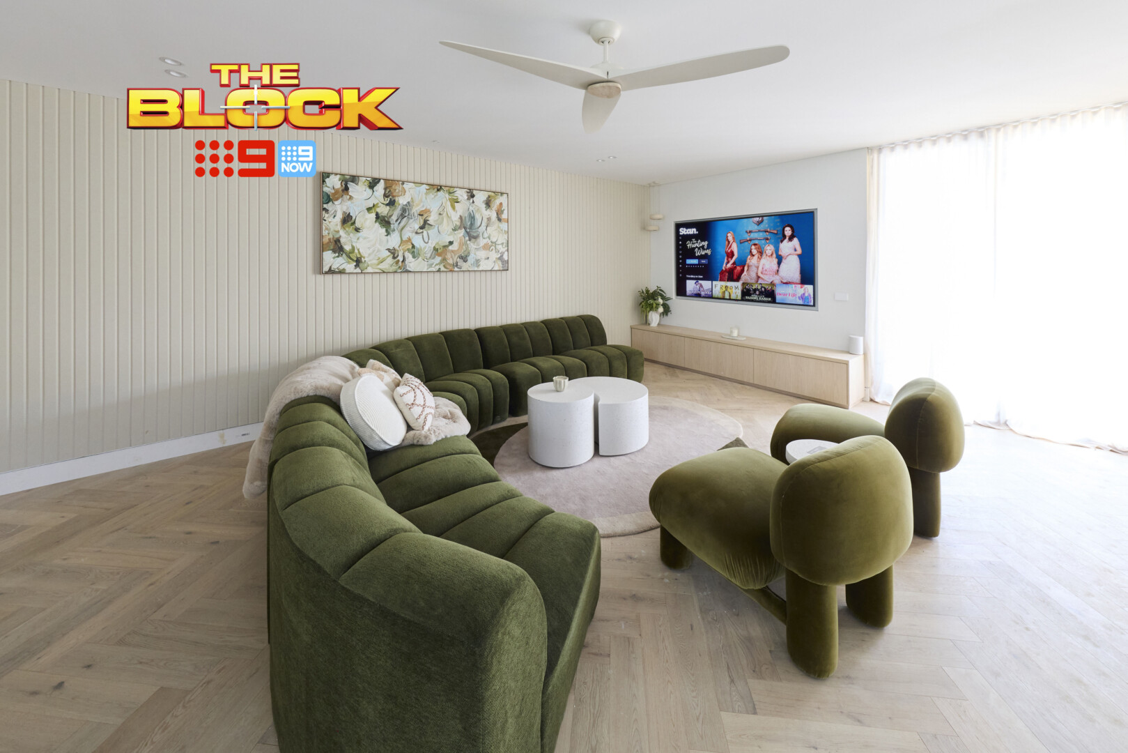 The Block 2026 Rumpus and Laundry Reveals: Sofa Shortages and Appliance Mishaps 14 the block 2026 rick and tayla rumpus green sofa