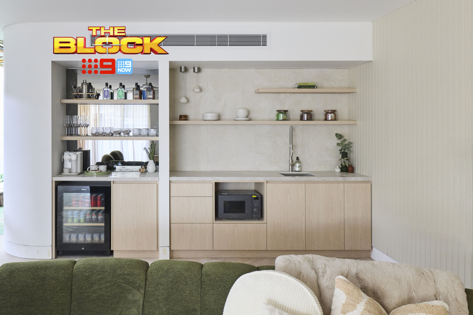 The Block 2026 Rumpus and Laundry Reveals: Sofa Shortages and Appliance Mishaps 16 the block 2026 rick and tayla rumpus kitchenette