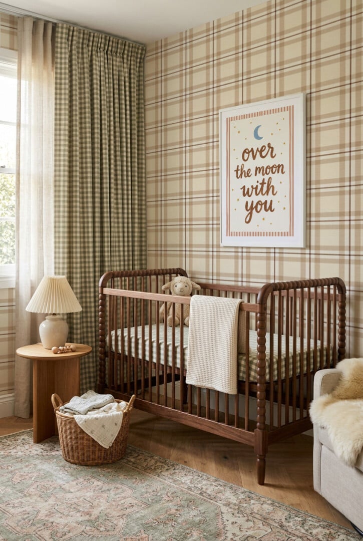 Ultimate Wallpaper Guide: 25 Ideas, Expert Advice and Where to Shop 9 beige and brown tartan wallpaper for baby nursery with walnut cot and gingham curtains