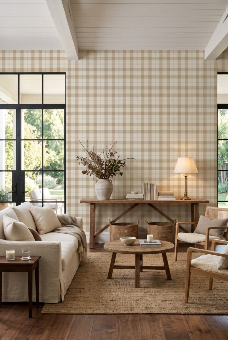 Ultimate Wallpaper Guide: 25 Ideas, Expert Advice and Where to Shop 25 beige and white tartan wallpaper in modern farmhouse living room