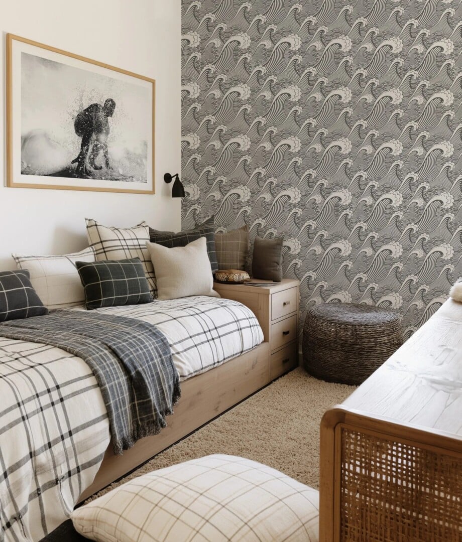 Ultimate Wallpaper Guide: 25 Ideas, Expert Advice and Where to Shop 10 black and white waves wallpaper surfing themed bedroom olive et oriel
