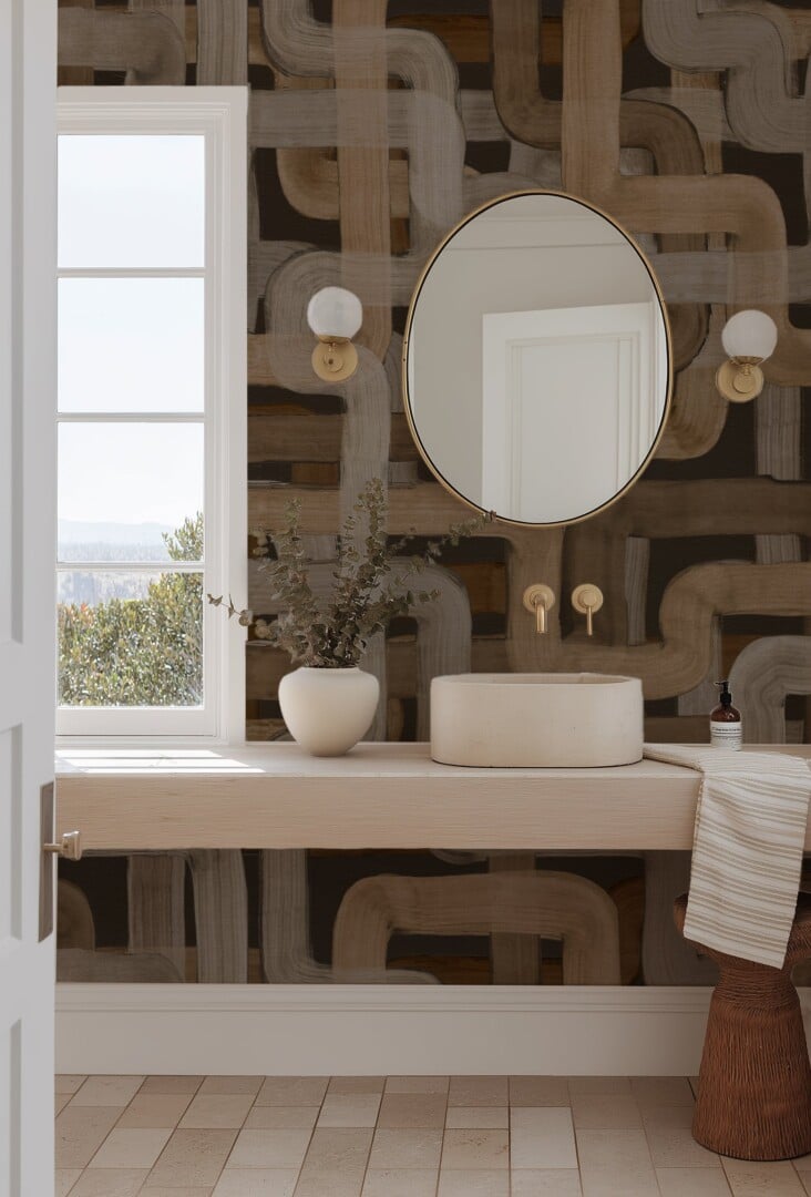 Ultimate Wallpaper Guide: 25 Ideas, Expert Advice and Where to Shop 8 brown and grey random striped wallpaper design for bathroom powder room olive et oriel