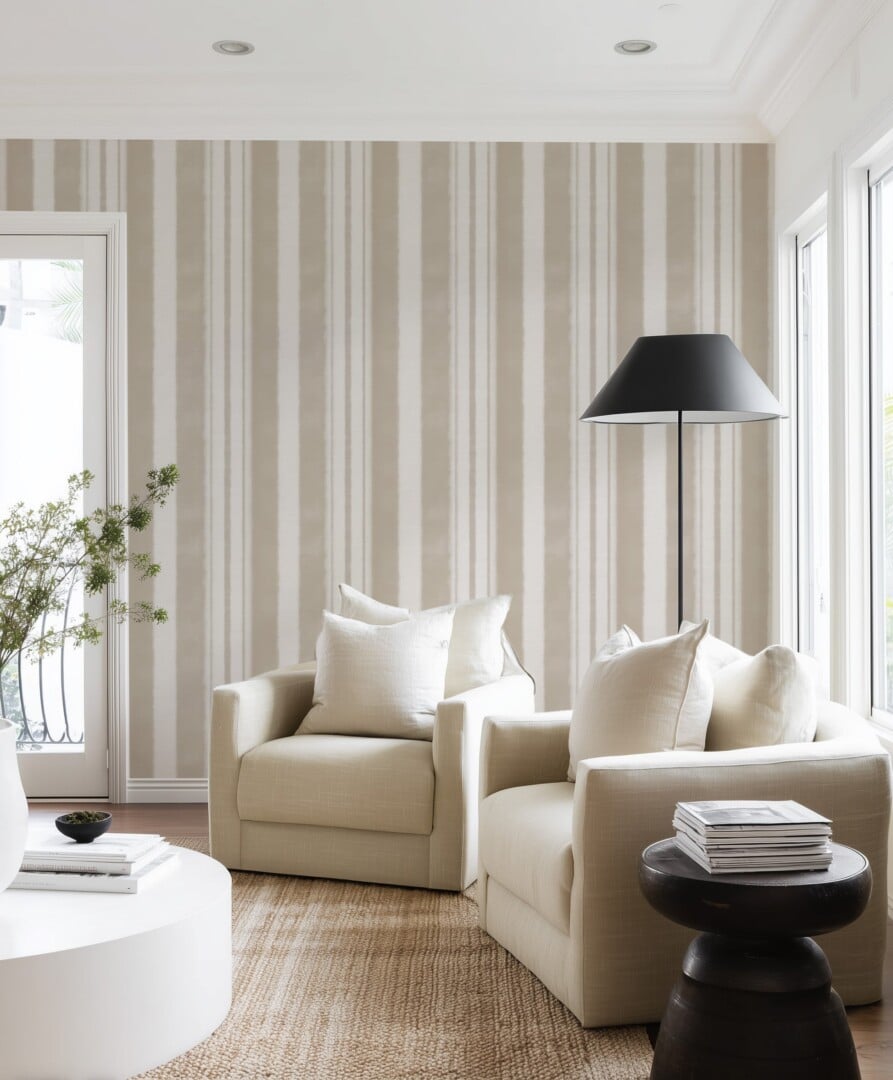 Ultimate Wallpaper Guide: 25 Ideas, Expert Advice and Where to Shop 4 french linen stripe peel off wallpaper in white living room