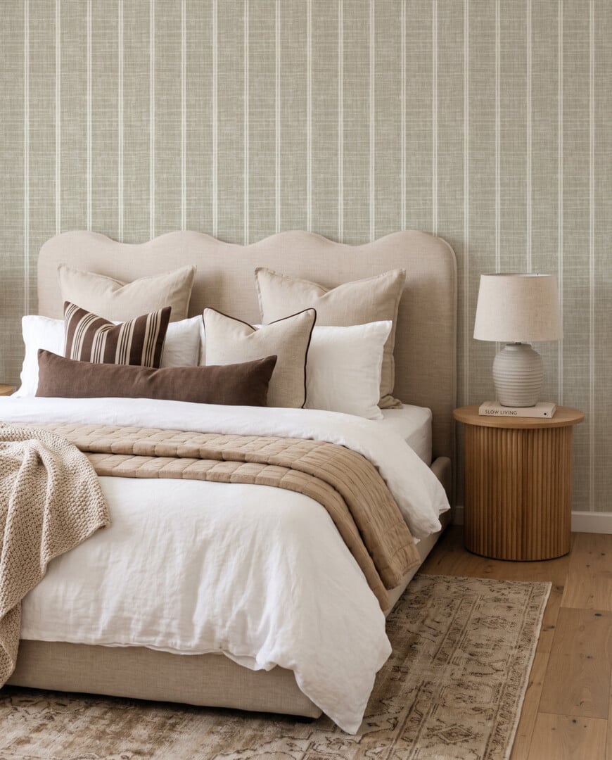 Ultimate Wallpaper Guide: 25 Ideas, Expert Advice and Where to Shop 7 linen stipe wallpaper in sage green in modern country neutral bedroom