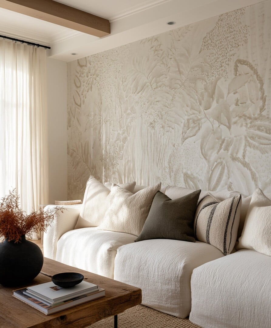 Ultimate Wallpaper Guide: 25 Ideas, Expert Advice and Where to Shop 20 neutral leaf mural wallpaper in white living room with timber ceiling beams