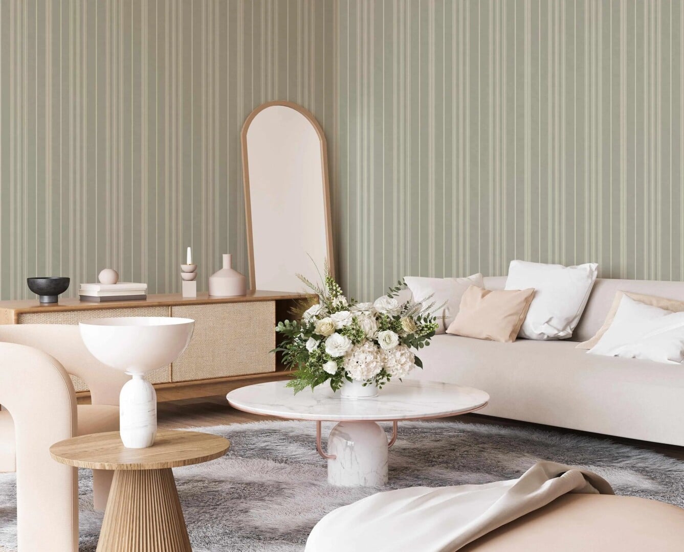 Ultimate Wallpaper Guide: 25 Ideas, Expert Advice and Where to Shop 21 sage green and beige vertical stripe wallpaper in living room with beige sofa