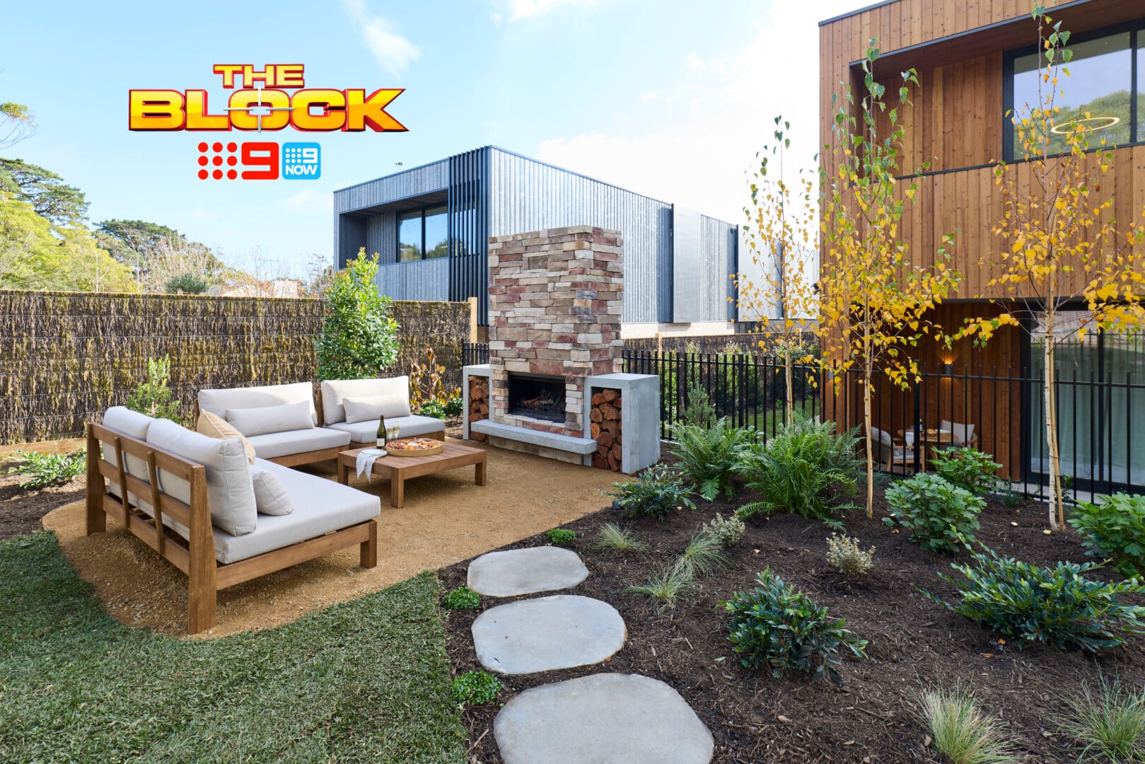 The Block 2026 Front Yard Reveals: The Last Recap of the Season! 12 the block 2026 front yards chantel and wyatt seating area fireplace