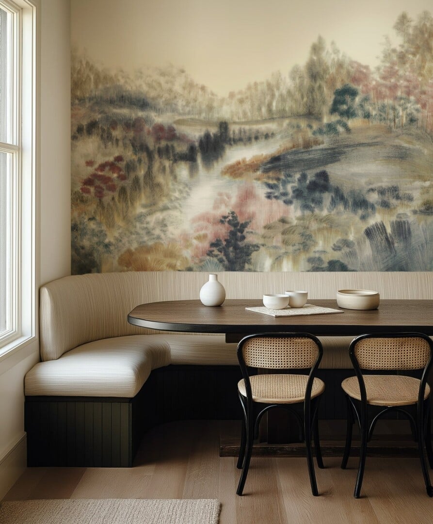 Ultimate Wallpaper Guide: 25 Ideas, Expert Advice and Where to Shop 14 watercolour landscape wallpaper in dining room with curved banquette seating