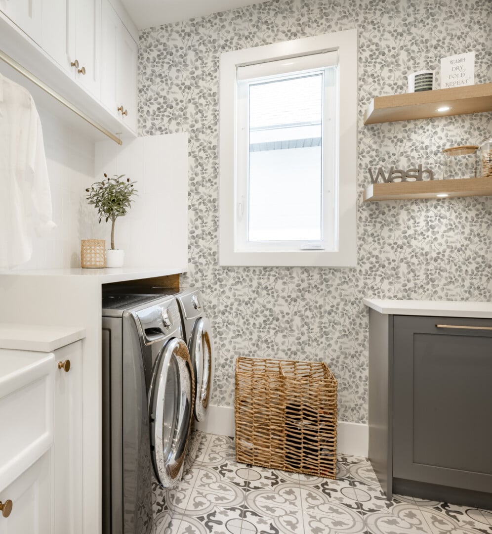 Ultimate Wallpaper Guide: 25 Ideas, Expert Advice and Where to Shop 13 white and grey floral wallpaper in laundry room with timber floating shelves