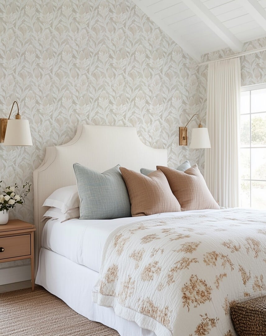 Ultimate Wallpaper Guide: 25 Ideas, Expert Advice and Where to Shop 18 white and light grey leaf wallpaper on bedroom feature wall behind traditional headboard