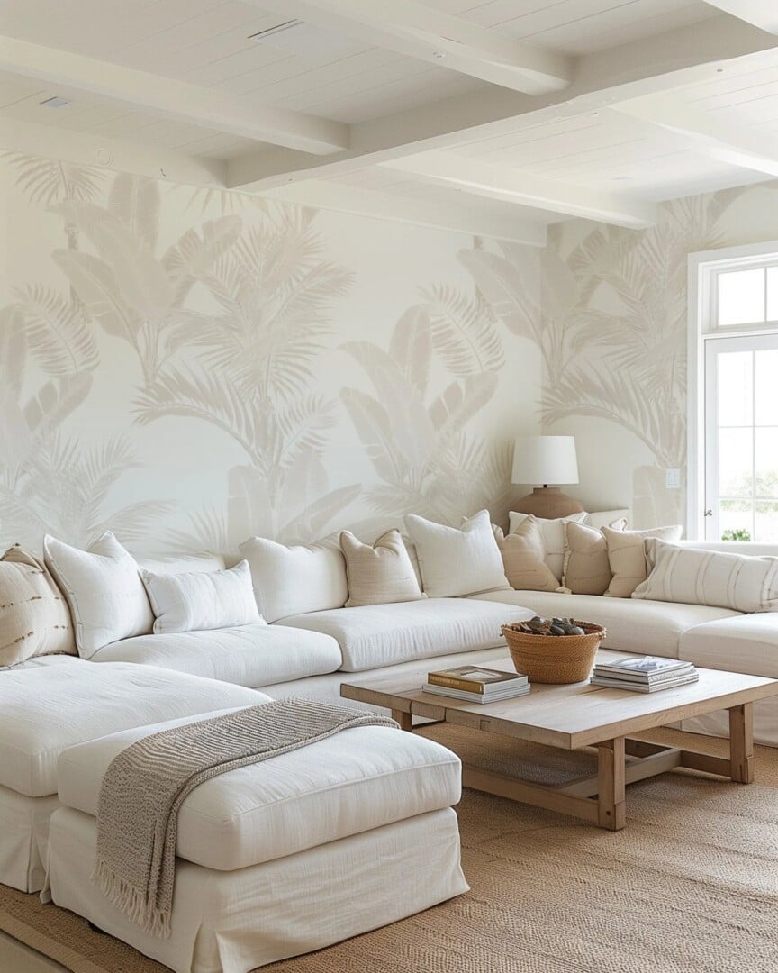 Ultimate Wallpaper Guide: 25 Ideas, Expert Advice and Where to Shop 22 white and light grey tropical wallpaper in white living room sectional sofa peel and stick